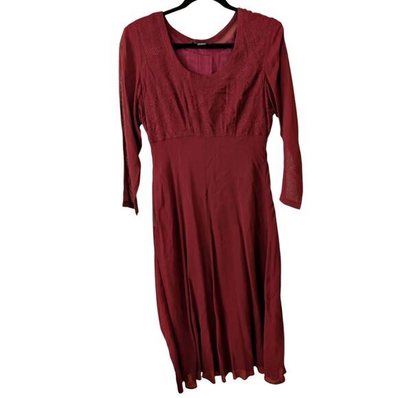 Nostalgia Burgundy Crimson Sheer Sleeve Empire Waist 90s Dress Size Small - Picture 1 of 9